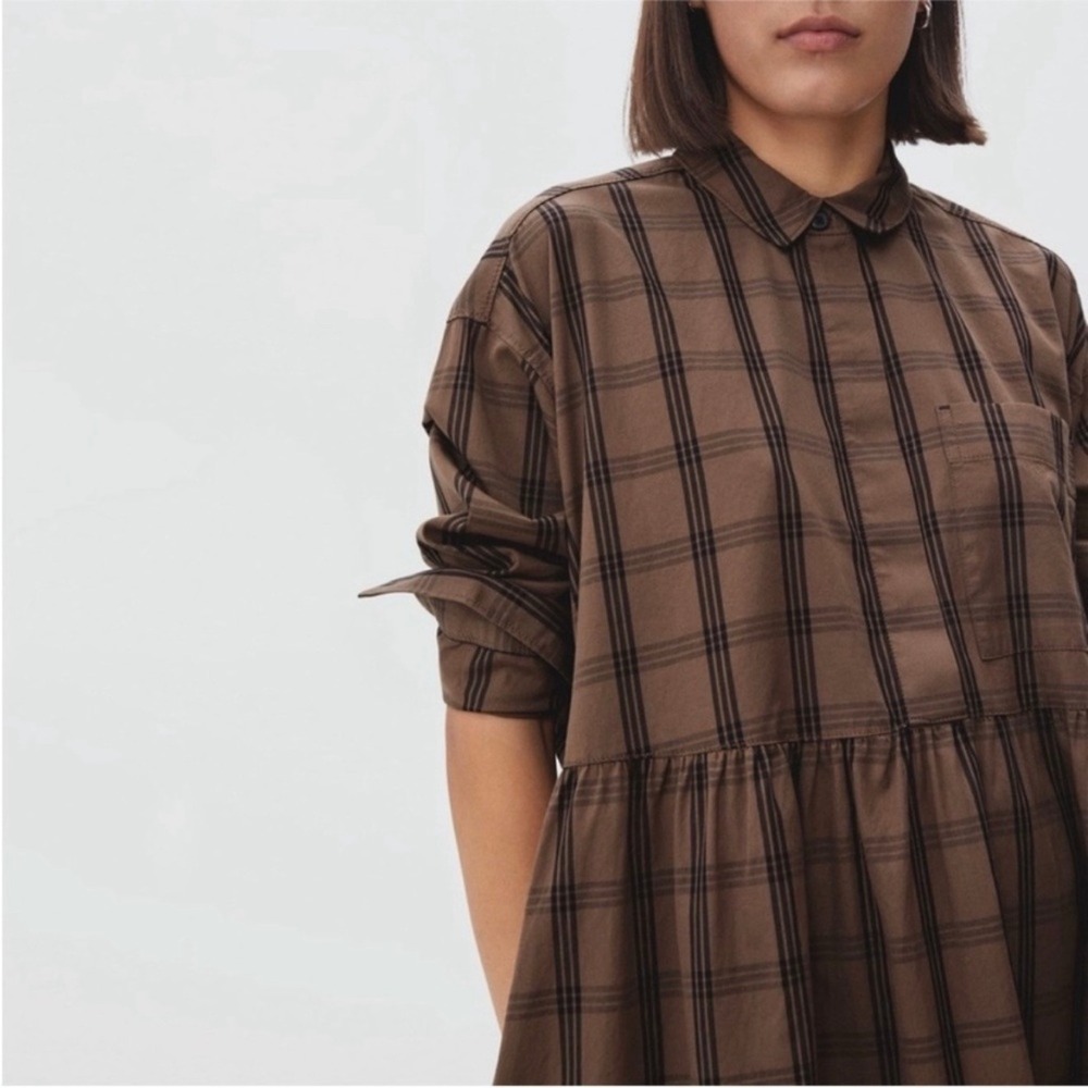 Everlane Shirt Dress Women Medium Brown Plaid Cotton Long Sleeve Babydoll Mini - Picture 4 of 16